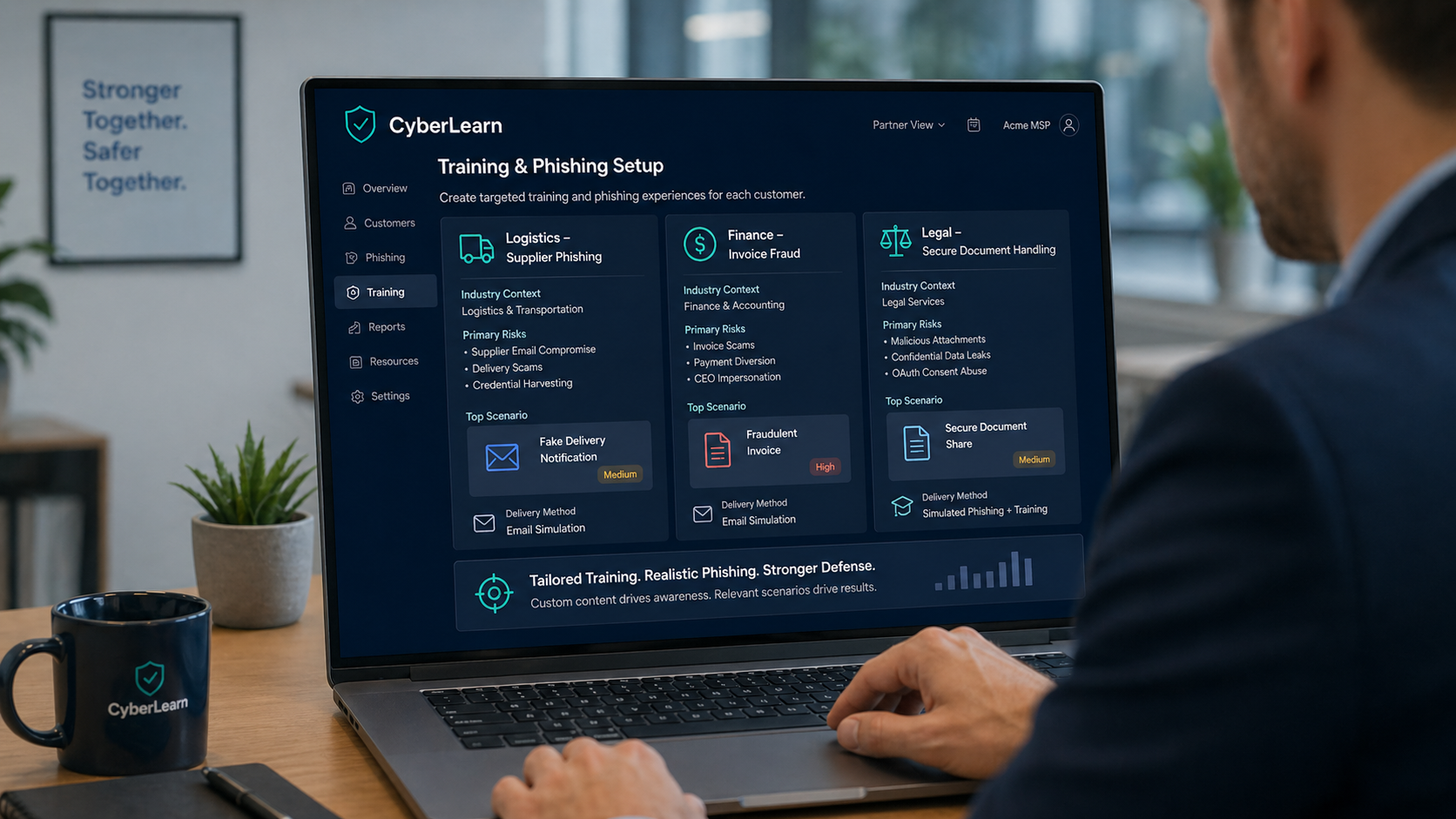 CyberLearn partner dashboard showing customer organisations, training progress and phishing activity